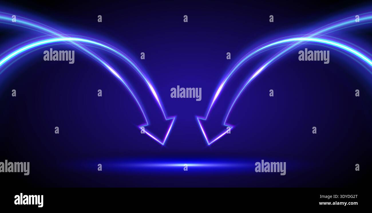 Two arrows pointing to one place. Blue curved arrow in motion on dark background. Glowing neon arrow with light trails. Personal growth. Quick result Stock Vector