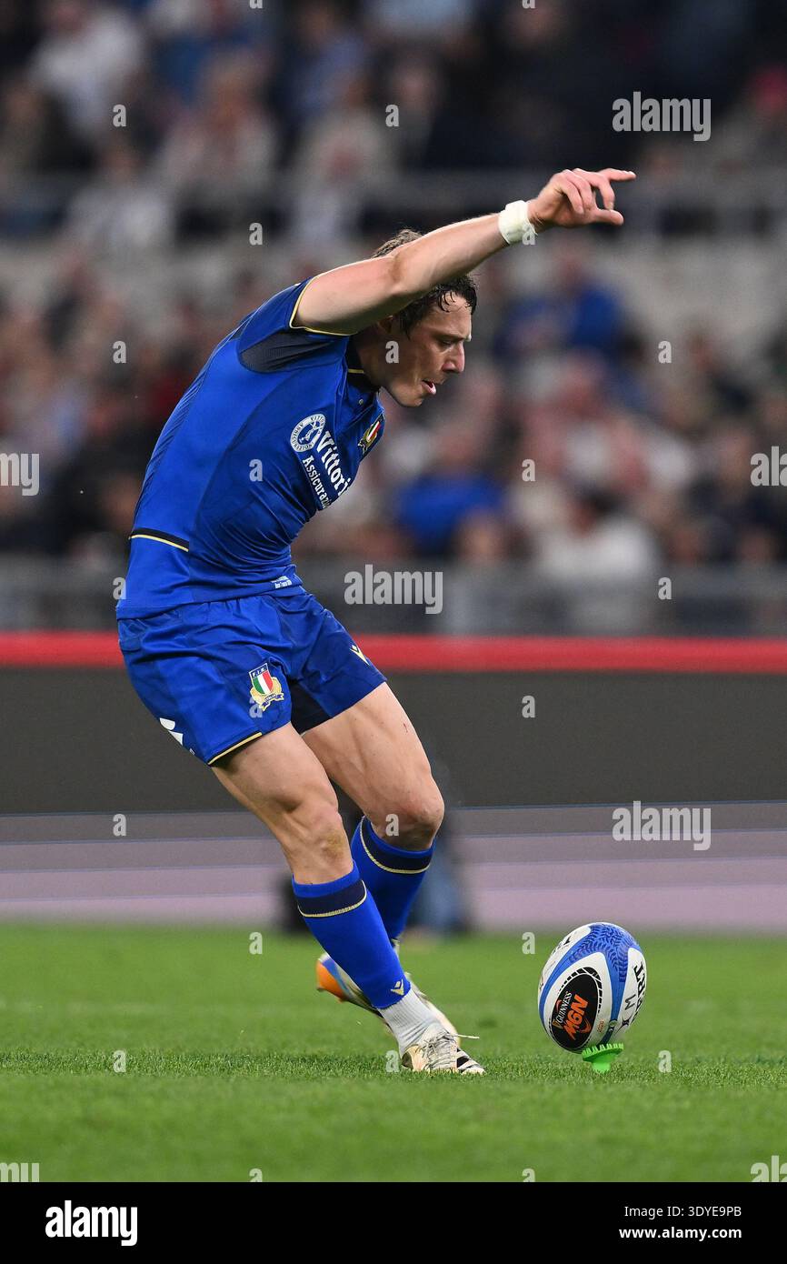 Paolo Garbisi of Italy score during the Guinness Six Nations 2026 match ...