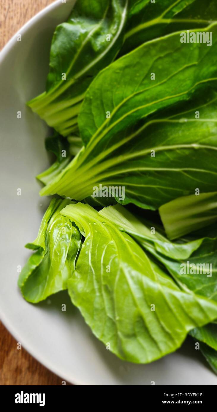Fresh bok choy leaves in bowl on wooden table organic Asian leafy vegetable - Smartphone Captured Stock Image