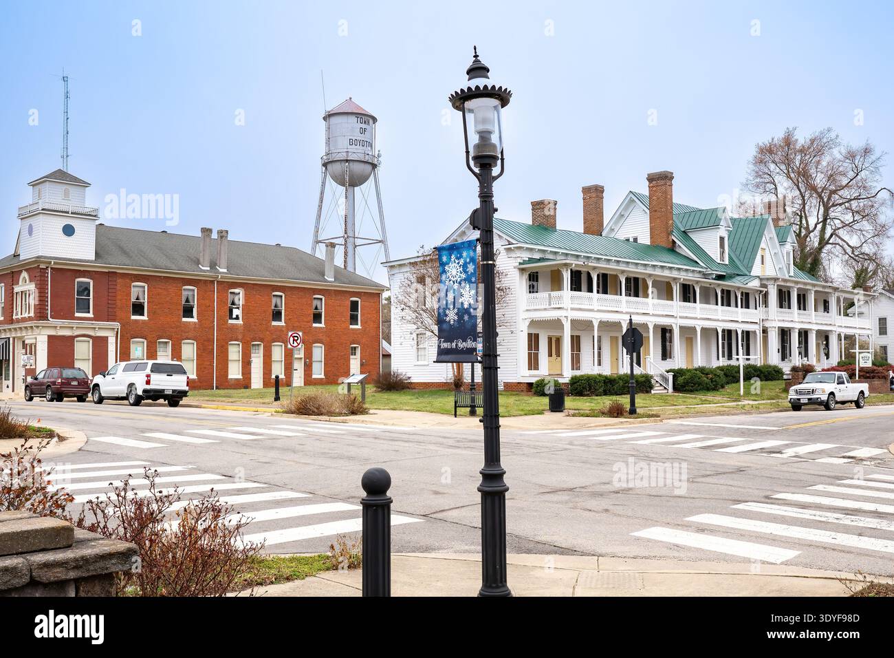Boydton, Virginia, USA : Street intersection with the historic Boyd Tavern and town water tower in Boydton, Virginia, a small courthouse town. Stock Photo