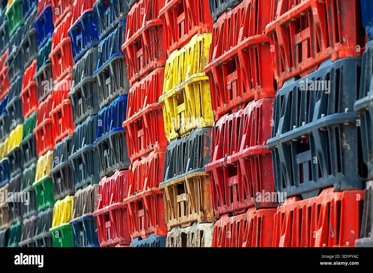 Colorful Plastic Crates Stacked Warehouse Stock Photo