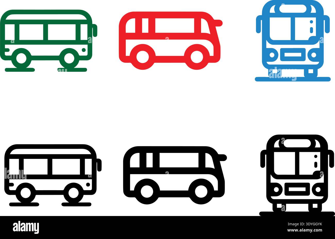 The image features six bus icons in different colors and orientations ...