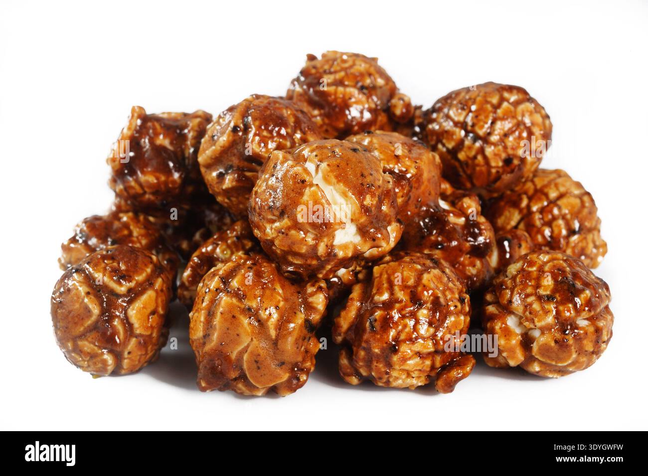 Chocolate popcorn on white background Stock Photo