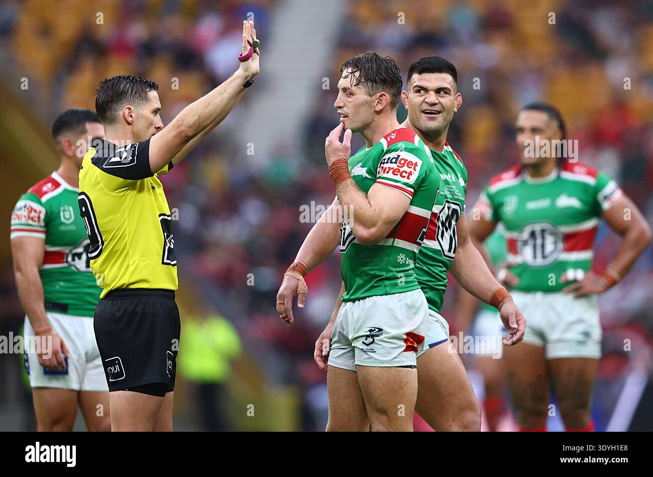 Peter Reed Rabbitohs Brisbane, Australia. 08th Mar, 2026. Referee Peter Gough sends David ...