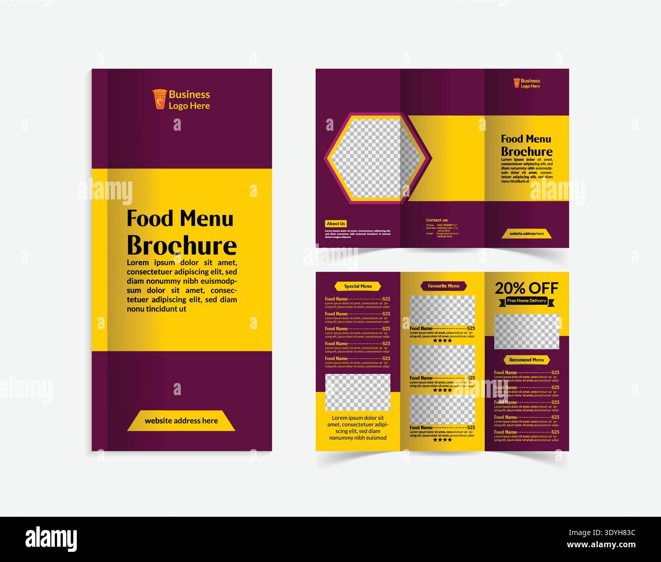 Modern Maroon and Yellow Restaurant Tri-fold Menu Brochure Template Stock Vector