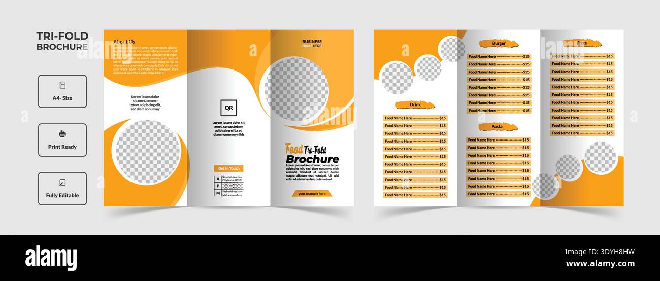Modern Black and Yellow Tri-Fold Restaurant Menu with Circular Grid Layout Stock Vector