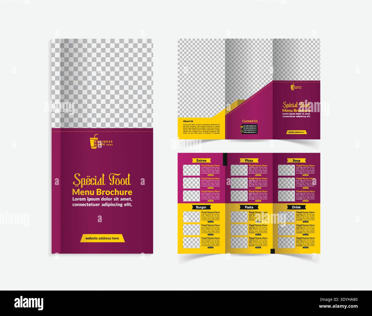 Modern Maroon & Yellow Tri-fold Restaurant Menu Brochure Template Stock Vector
