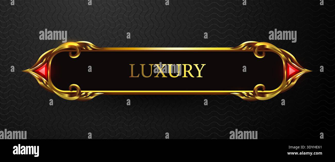 Luxurious golden banner with LUXURY text and red gems on a dark background. Vector illustration. Stock Vector