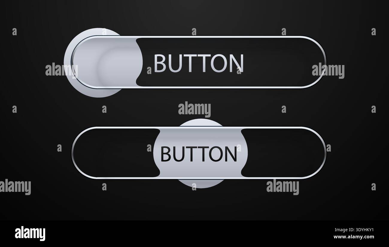 Modern UI toggle switch buttons with sleek metallic design on dark background. Web interface element. Vector illustration. Stock Vector