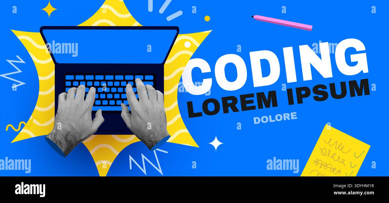 Vibrant illustration of hands typing on a laptop, representing coding and software development. Vector illustration. Stock Vector