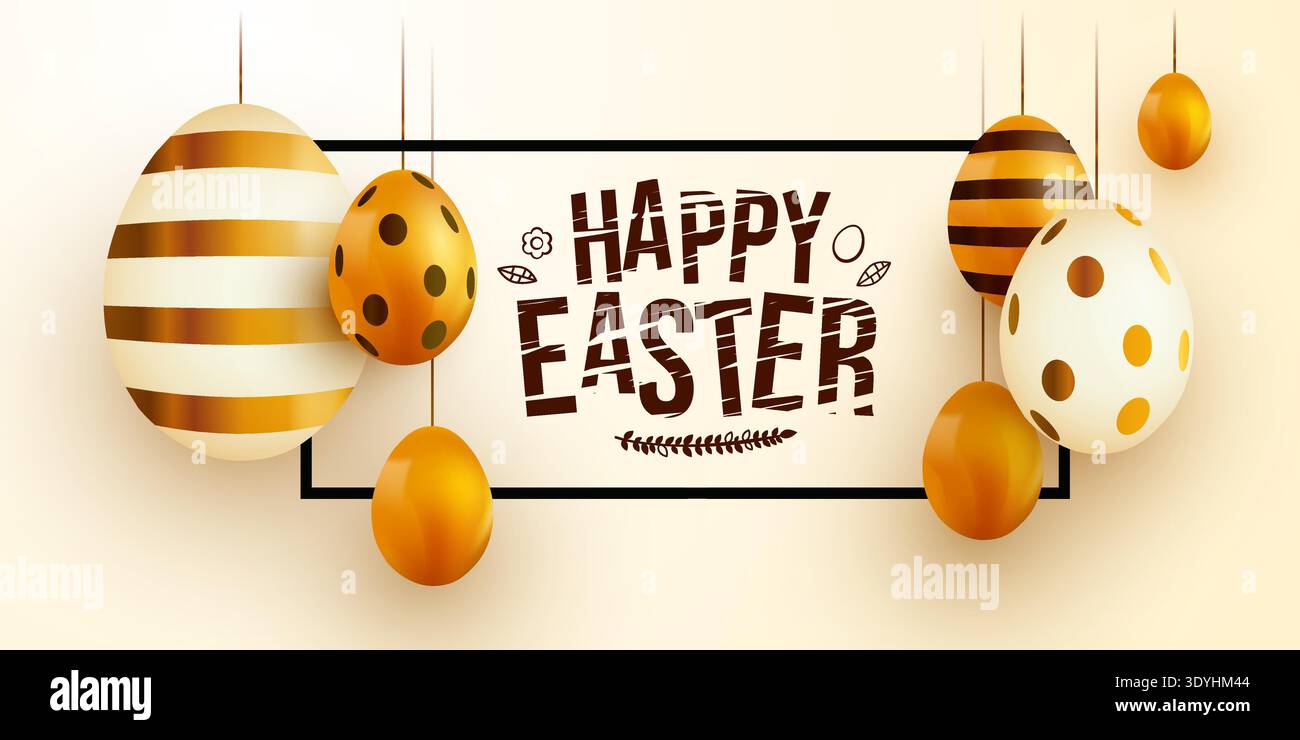 Beautiful Happy Easter banner with hanging decorative eggs. Ideal for greeting cards, invitations, and holiday promotions. Vector illustration Stock Vector