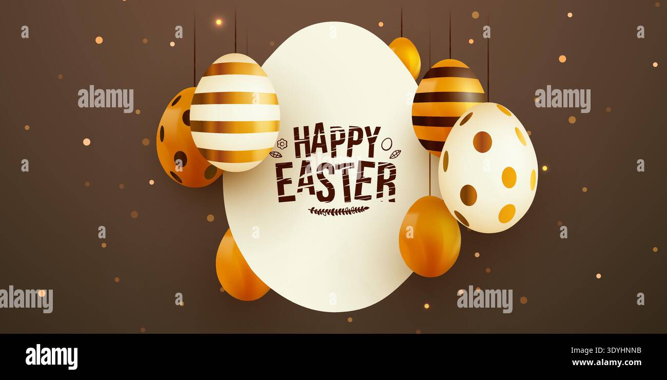 Elegant Happy Easter background with decorative eggs, featuring golden and white patterns. Vector illustration. Stock Vector