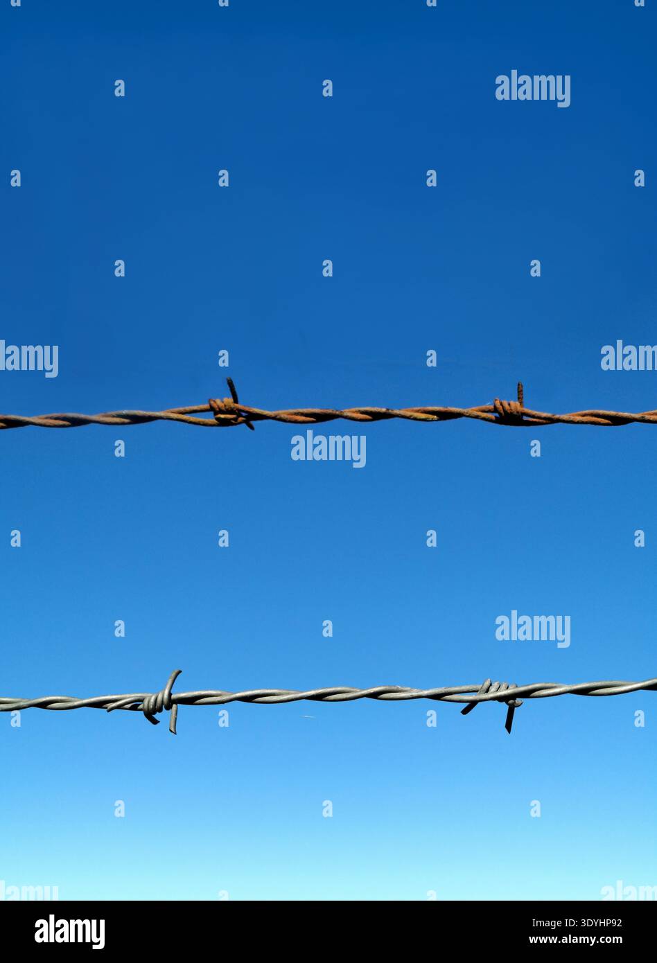 Two strands of barbed wire are strung horizontally against a cloudless blue sky. The top wire appears rusty, while the bottom wire is newer and silver - Smartphone Captured Stock Image