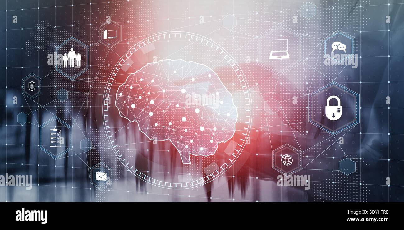Business Technology Concept with AI Brain and Secure Data Network. Stock Photo