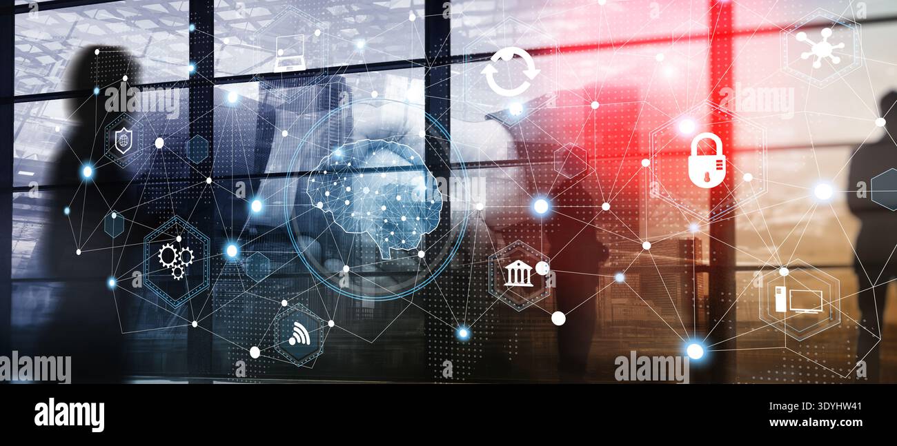 Intelligent Enterprise Network with AI Analytics and Data Protection Systems. Stock Photo