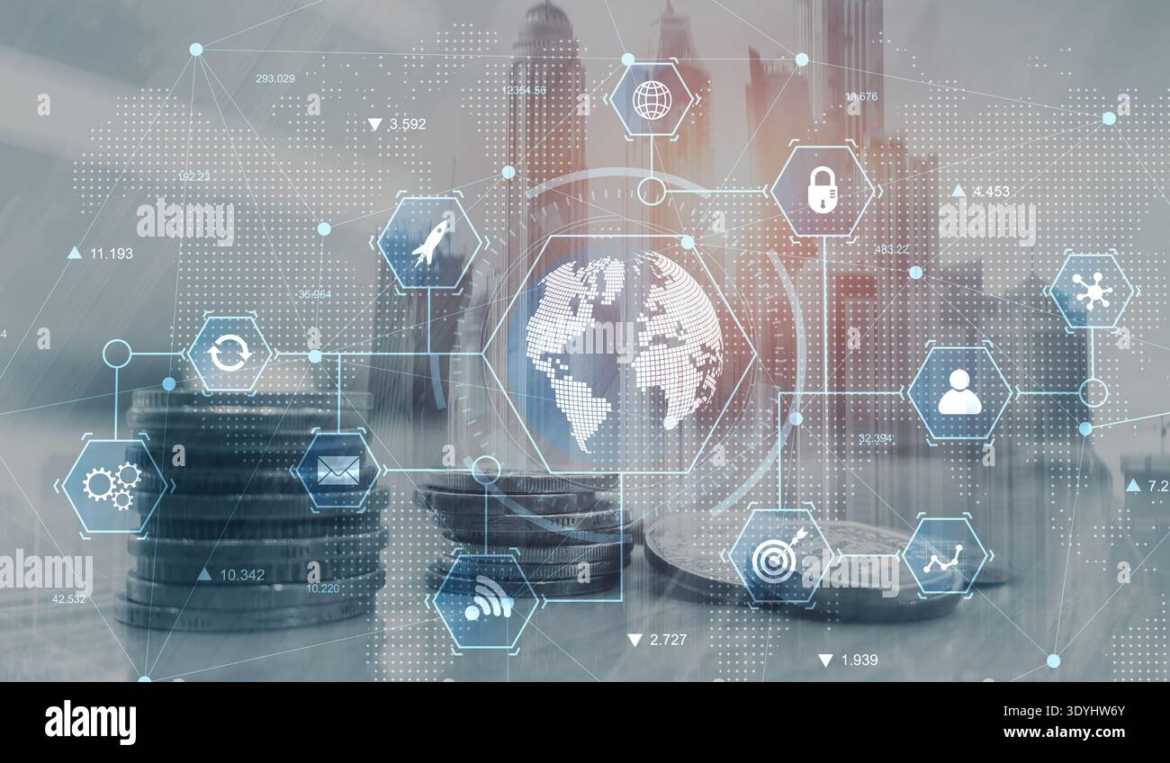 Global Technology Network Visualization with Business and Data Integration. Stock Photo