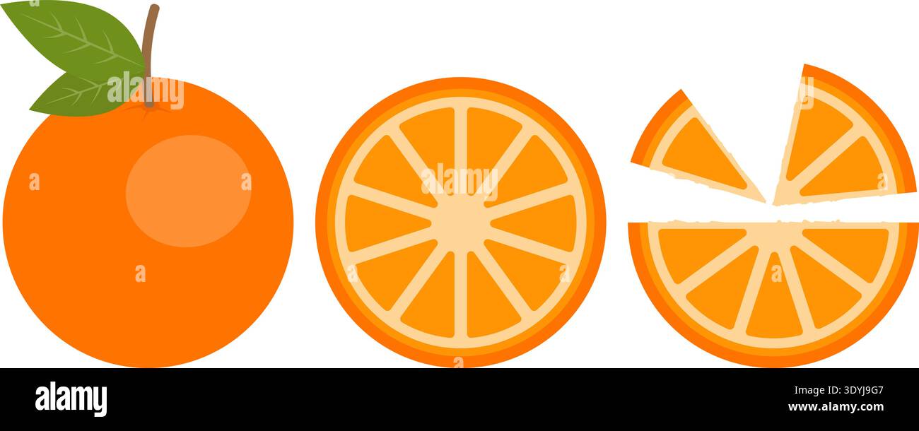 Fresh orange fruit vector set on transparent background. Flat style, EPS10 Stock Vector