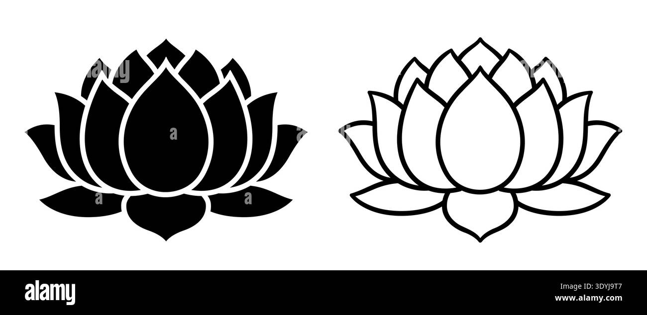 Lotus flower, line icon and solid black silhouette. Minimal hand drawn ...