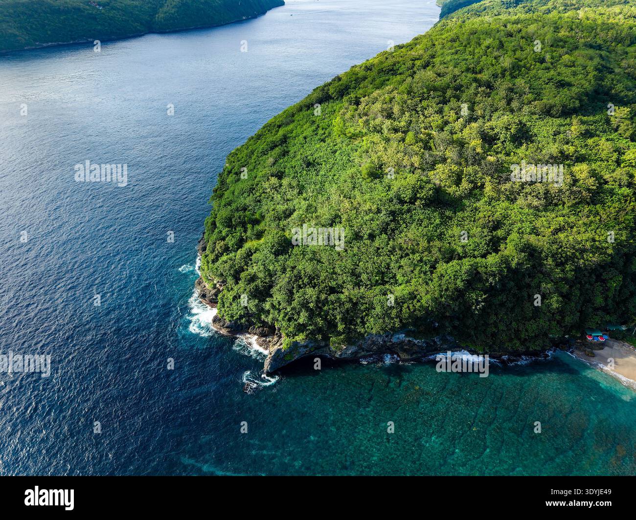 Aerial drone view of lush green forested headland meeting clear turquoise ocean water Stock Photo