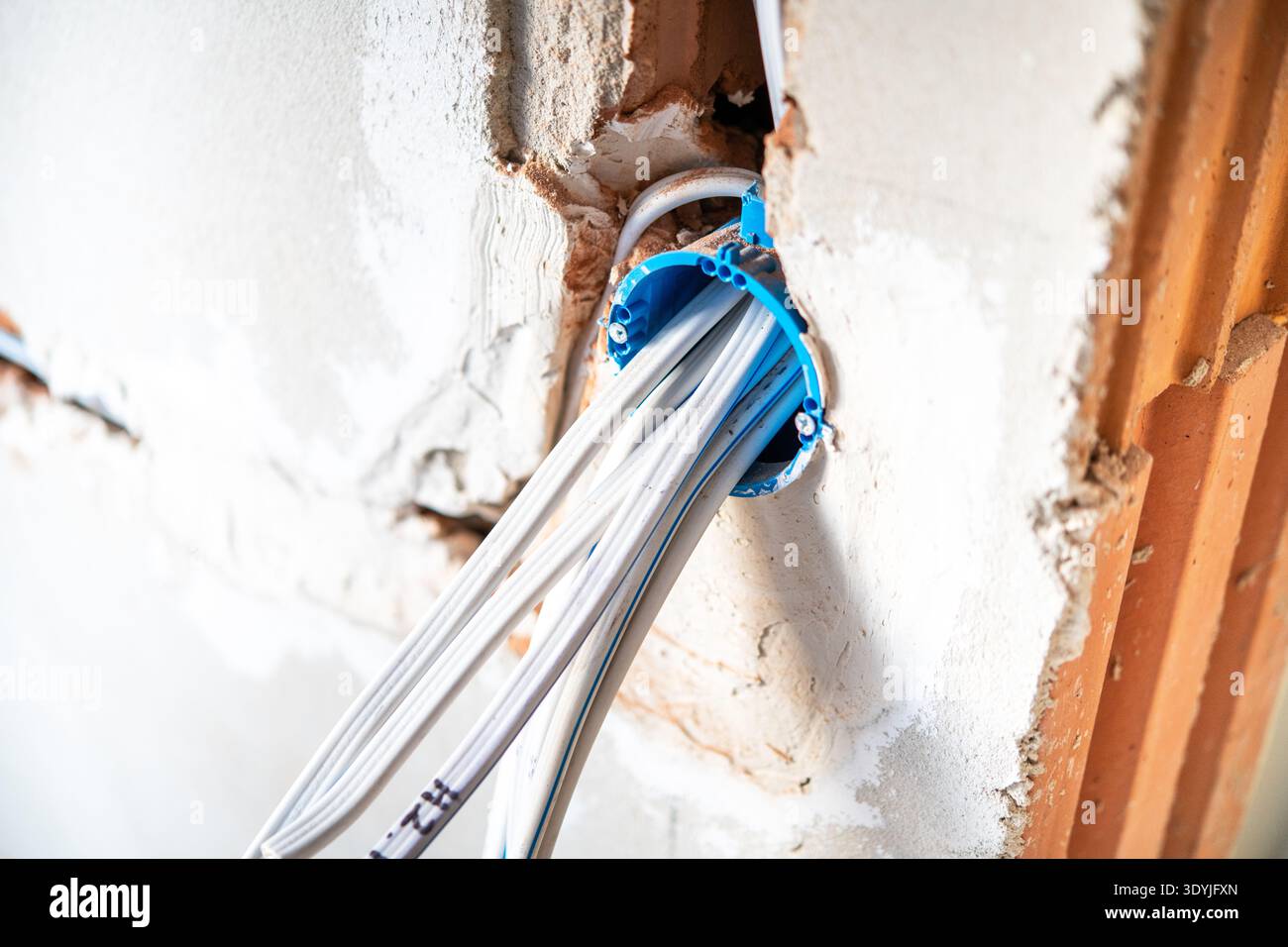 Close-up of white electrical wires emerging from a blue conduit box ...