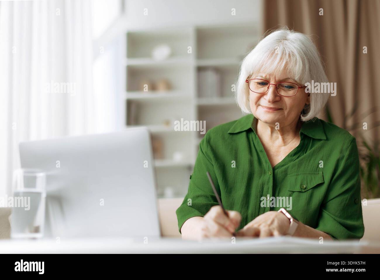 Senior woman writing notes while using laptop at home Stock Photo