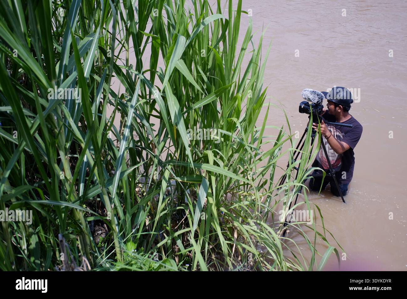 An independent filmmaker takes pictures in the Progo river. Stock Photo