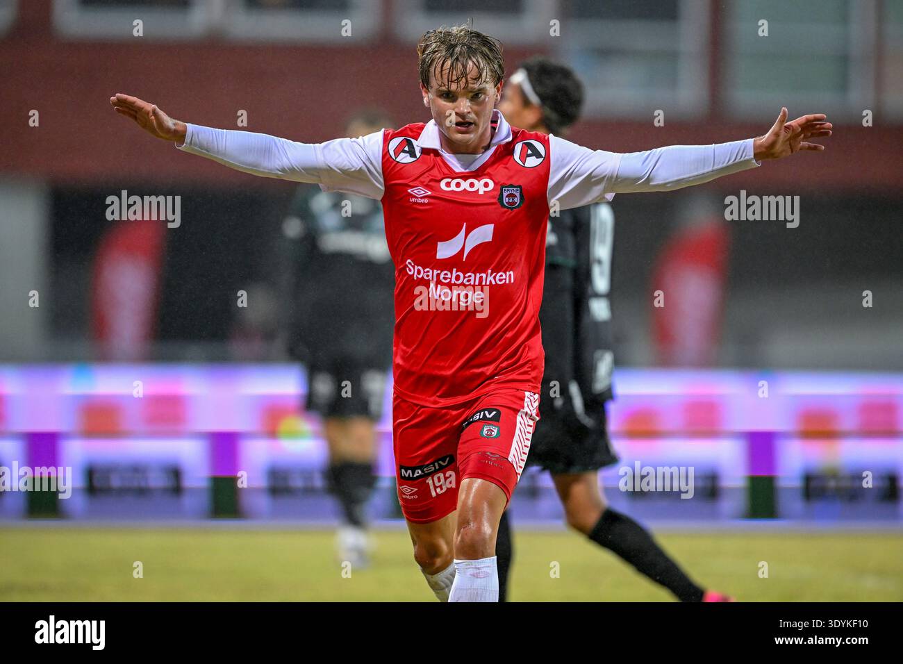 Bryne 20260308. Bryne's Nicklas Strunck Jakobsen celebrates his 3-2 goal  during the NM football match between Bryne and Rosenborg at Bryne Stadium.  Photo: Carina Johansen / NTB This text is auto translated