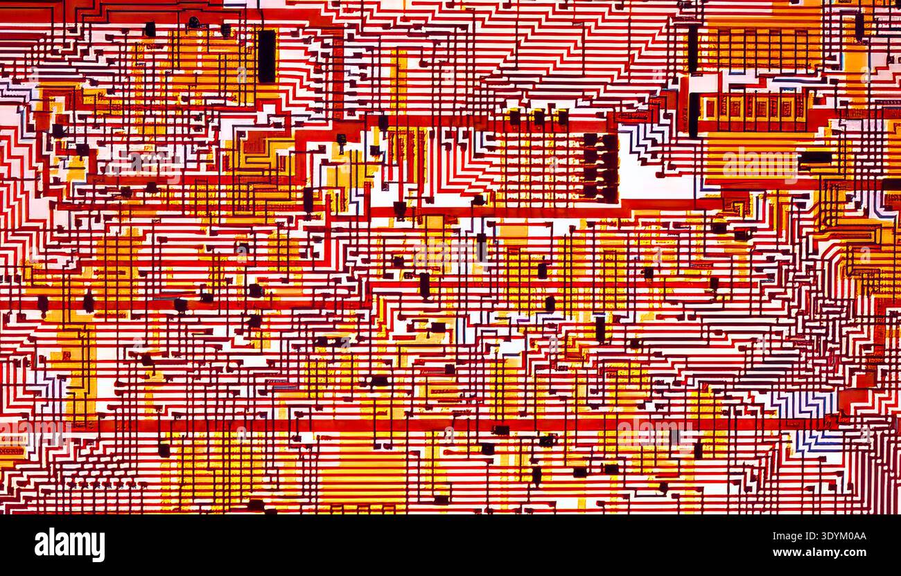 This circuit design shows multiple pathways and connections among components used for electronic systems. The layout features intertwining lines and v Stock Photo