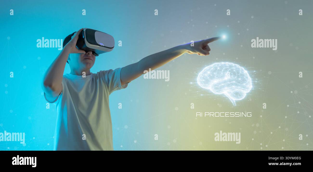 Boy using virtual reality headset interacting with artificial intelligence hologram interface representing future technology, digital innovation and i Stock Photo