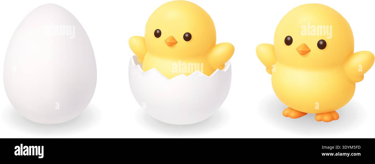 White egg, hatching chick and baby chicken. Easter 3D vector illustration collection Stock Vector