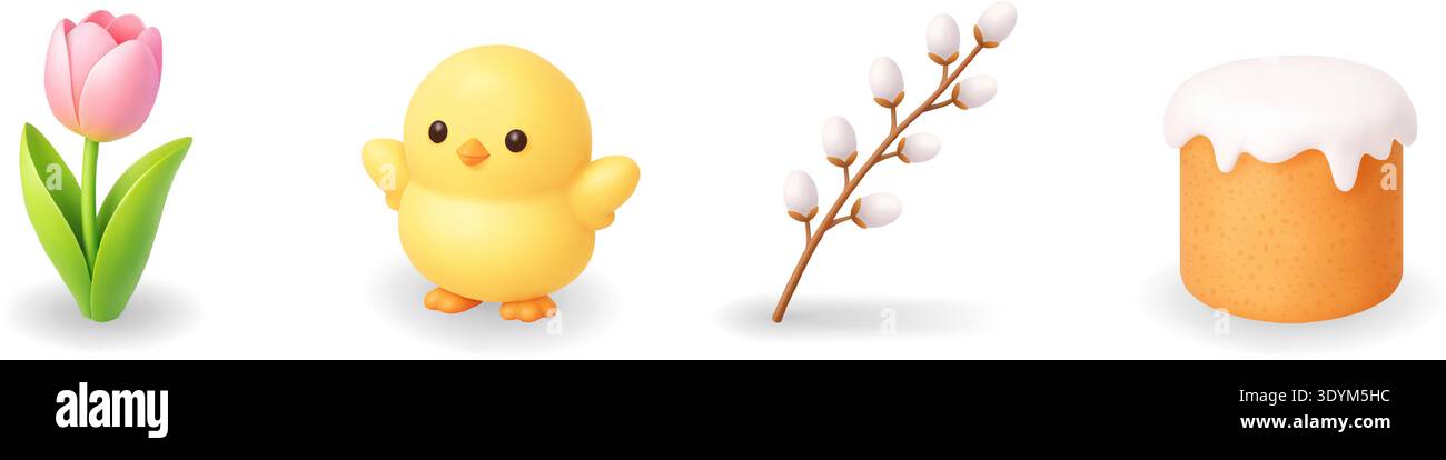 Tulip, chick, willow branch and Easter cake. 3D spring vector illustration Stock Vector