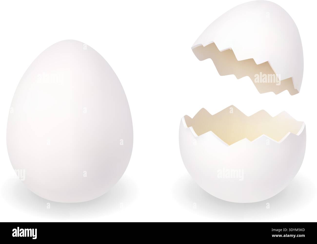 White egg and cracked egg shell halves. Minimal 3D vector Easter illustration Stock Vector