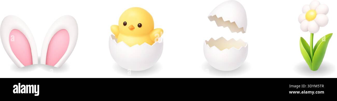 Bunny ears, hatching chick, cracked egg and daisy. Cute 3D Easter vector illustration set Stock Vector