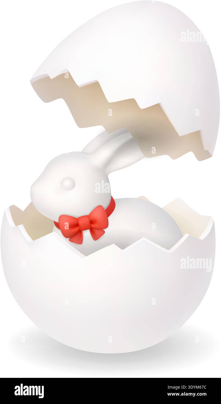 White bunny with red bow emerging from cracked egg shell. 3D Easter rabbit illustration on white background Stock Vector
