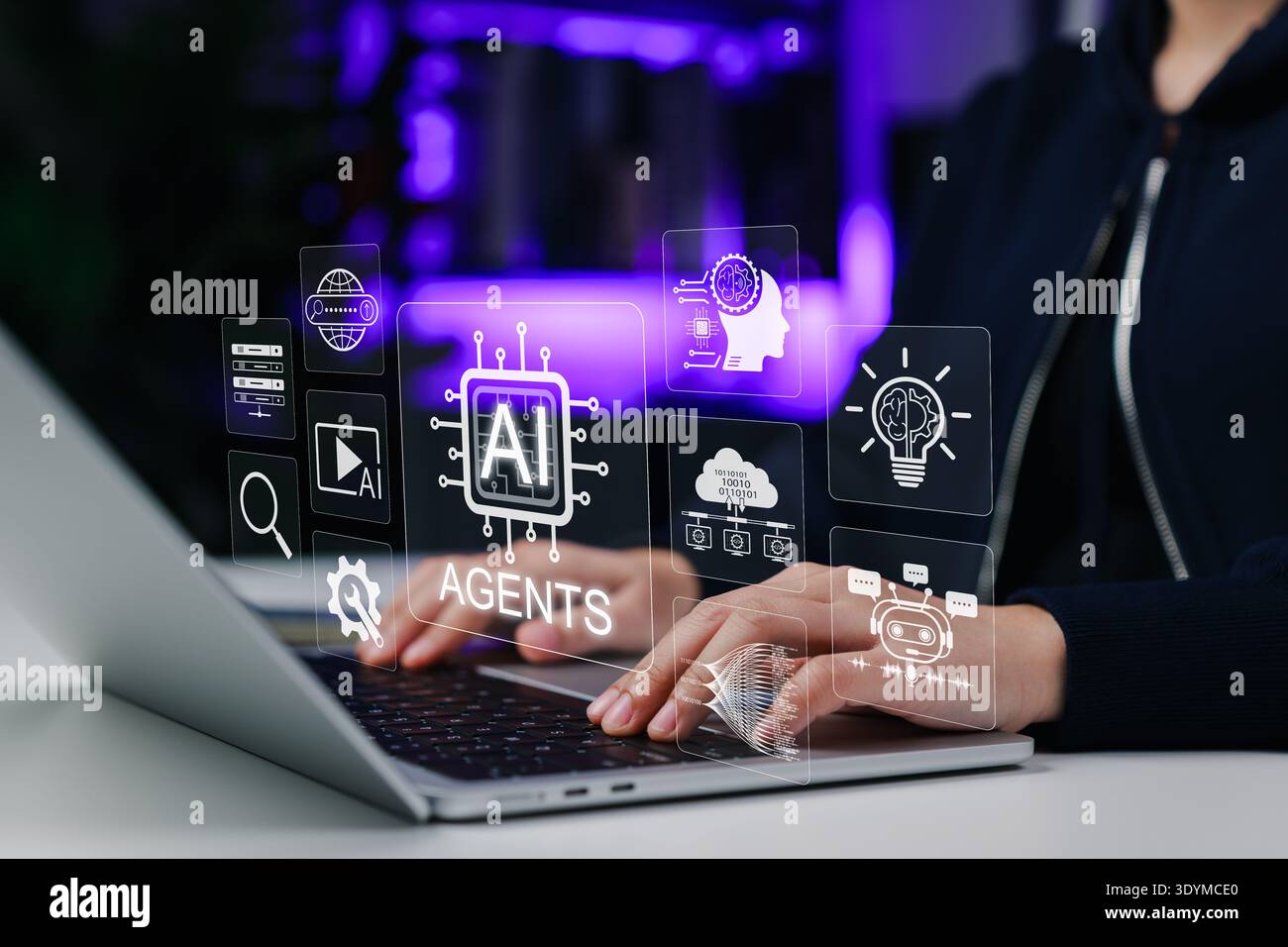 Artificial intelligence automation concept showing AI agents interface on laptop with neural network icons, chatbot system, and data processing tools Stock Photo