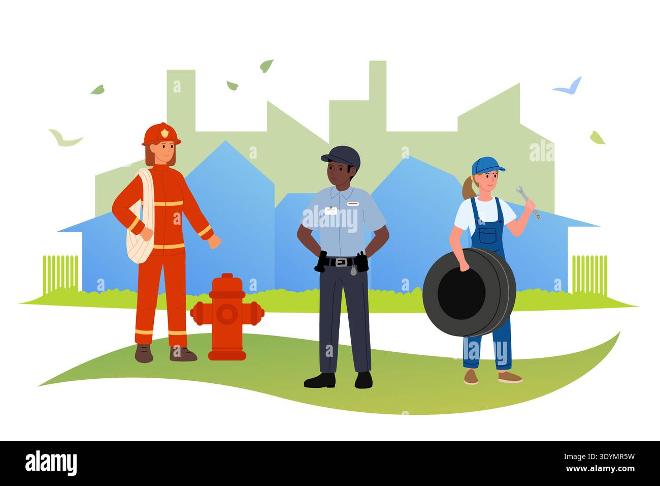 City employees. Different professions with their own equipment firefighters, police officers, mechanics. Flat vector illustration. Stock Vector