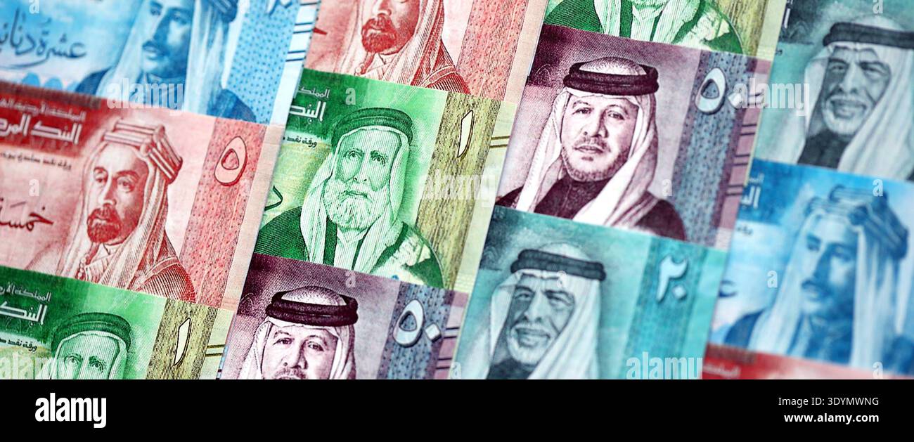 Jordanian Dinar currency money bills. JOD currency banknotes in bunch with different denomination close up Stock Photo
