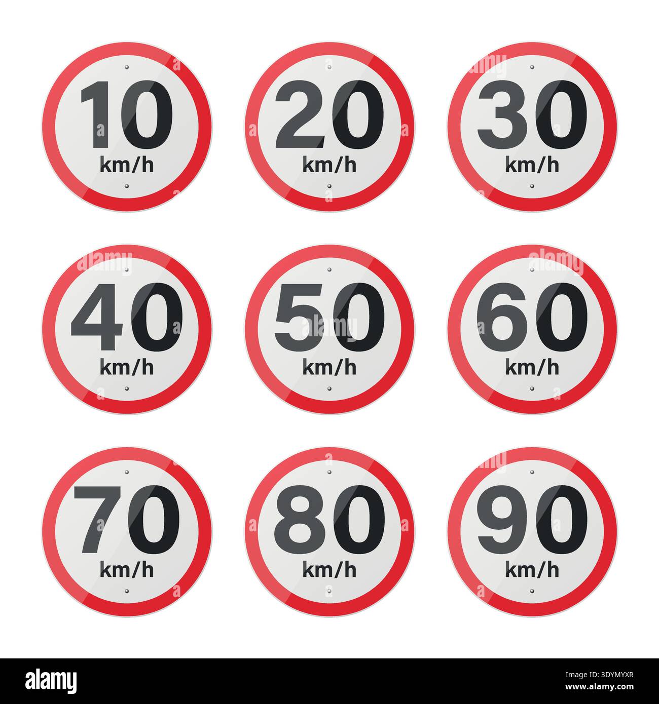Speed Limit Signs Set 10 20 30 40 50 60 70 80 90 kmh. Round Traffic ...