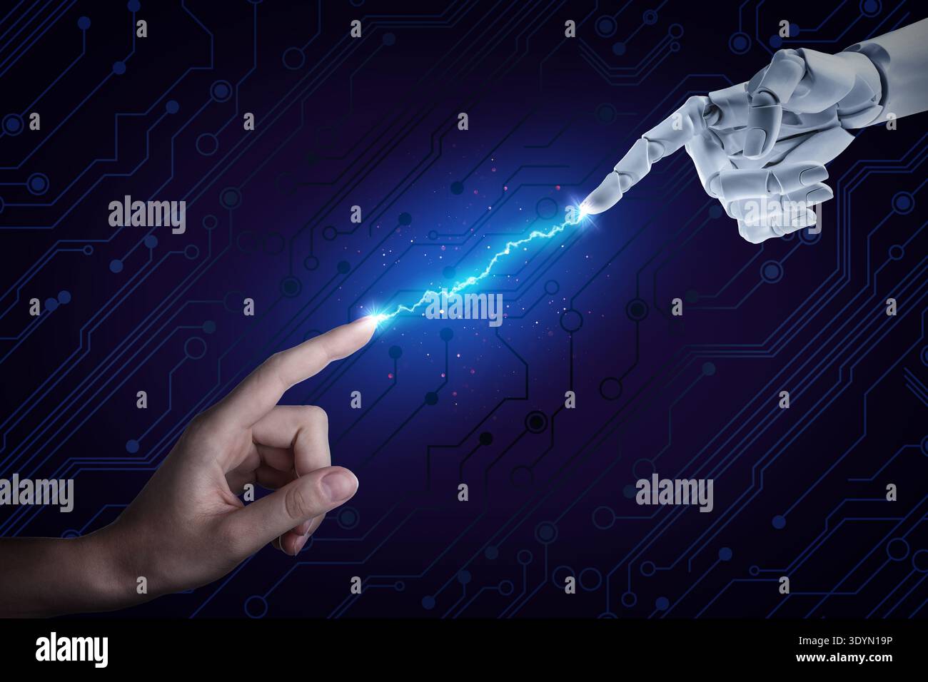 Artificial intelligence neural network, machine learning. Connection between human and robot hands in cyberspace against circuit board pattern Stock Photo