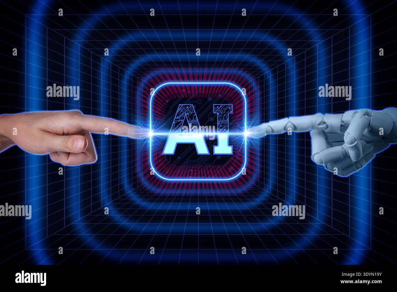 Artificial intelligence neural network, machine learning. Connection between human and robot hands in cyberspace against AI chip Stock Photo