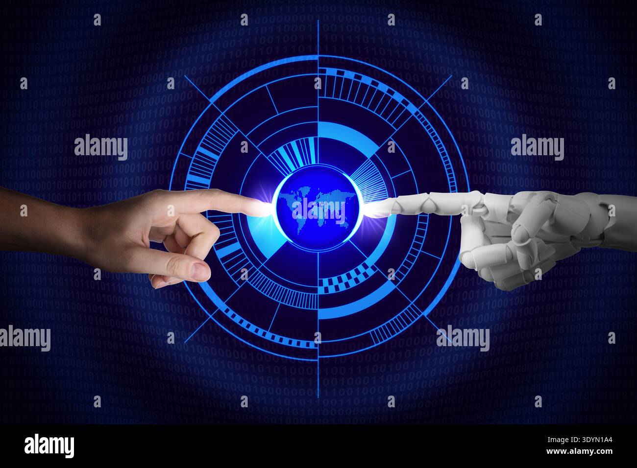 Artificial intelligence neural network, machine learning. Human and robot hands touching globe in cyberspace Stock Photo