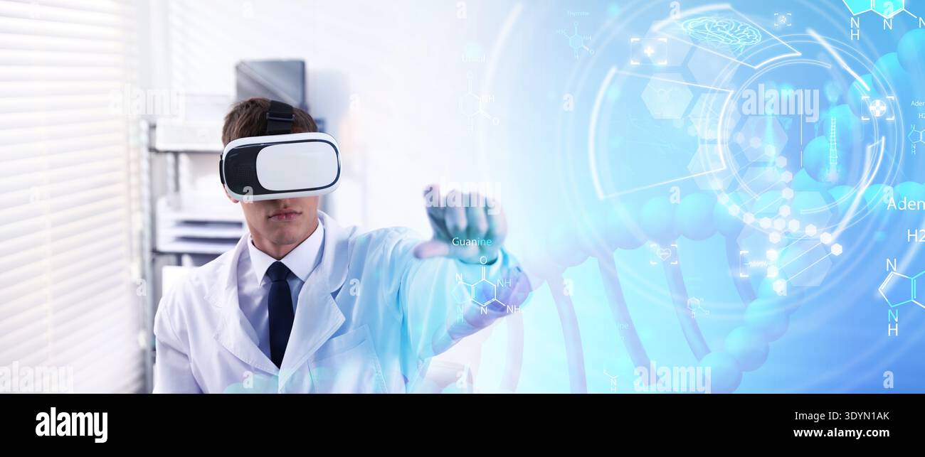 Scientist using VR headset, double exposure with virtual elements. Future technology in biochemistry Stock Photo