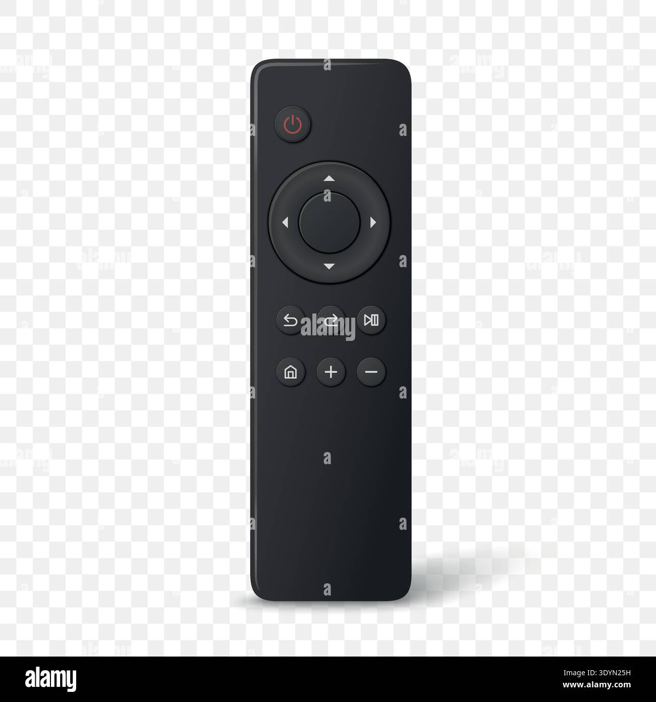 Vector 3d Realistic Black TV Remote Control, Isolated. Smart Remote Controller Device. Television Remote Control Icon, Front View. Media Player Stock Vector