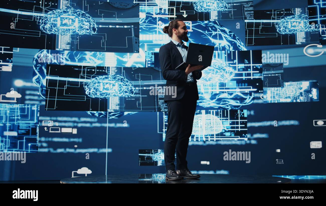 Engineer studying AI brain for data structures and predictive analytics, highlighting smart technology and deep learning for innovation and productivity. Algorithmic thinking. Camera B. Stock Photo