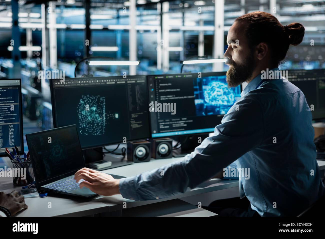 Data center system administrator running simulations for AI driven forecasting, tracking performance. Server farm IT worker integrating artificial intelligence APIs into software platforms Stock Photo
