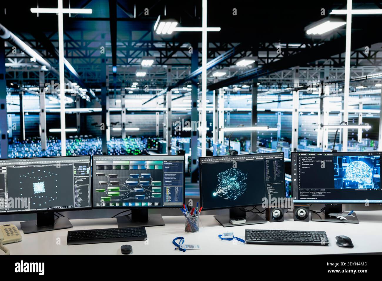 Neural network software running on PCs in data center with multiple rows of fully operational server racks. Computer systems using AI tech in server room built for digital storage systems Stock Photo
