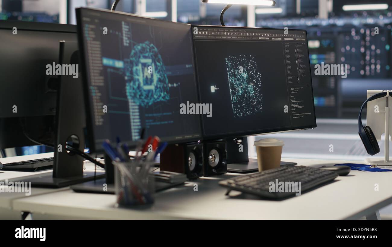 Monitors displaying status of data center hardware supporting AI training workflows and automated infrastructure systems. PC screens tracking servers processing machine learning datasets Stock Photo