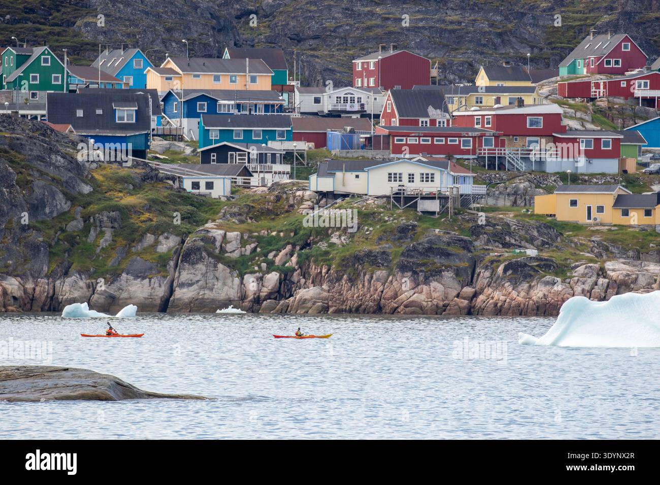 Arctic, Arctic Circle, Baffin Bay, Disko Bay, Illulisat, Jacobshavn, Jakobshavn, Arctic village view from the water Stock Photo