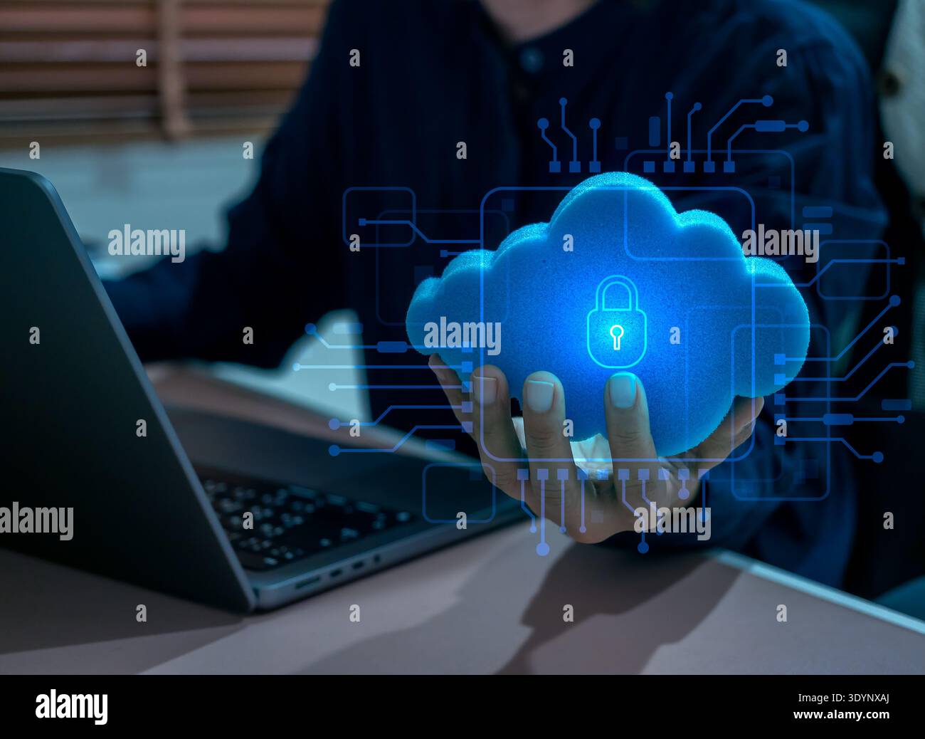 Cloud security and cloud computing concept. Protected data storage icon and digital network interface. Secure SaaS platform, encrypted cloud infrastru Stock Photo