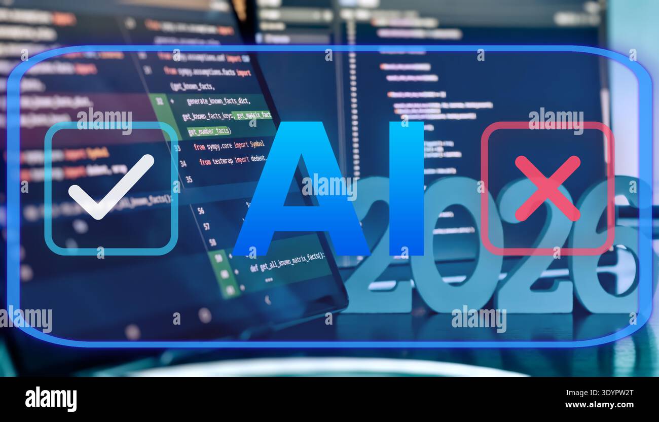 AI Approval and Rejection Decision Interface with Checkmark and Cross Icons on Coding Workspace Stock Photo